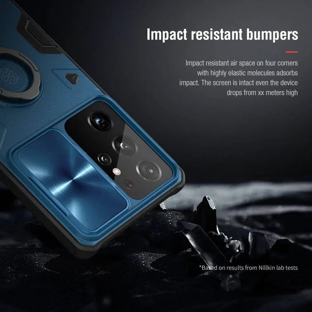 Aluminum Ring Stand Phone Case with Camera Guard for Samsung Galaxy S21, S21 Plus & S21 Ultra – Built-In Kickstand & Shockproof Frame