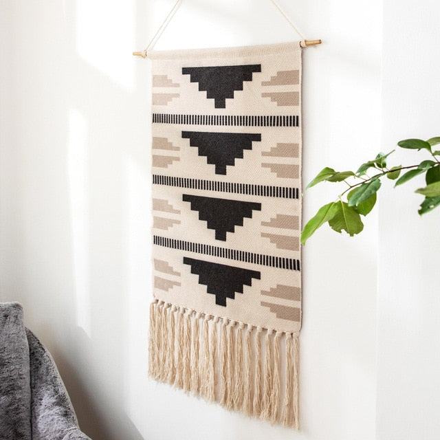 Handwoven Geometric Wall Hanging Tapestry with Tassel Fringe for Living Room, Bedroom & Boho Home Decor