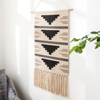 Handwoven Geometric Wall Hanging Tapestry with Tassel Fringe for Living Room, Bedroom & Boho Home Decor