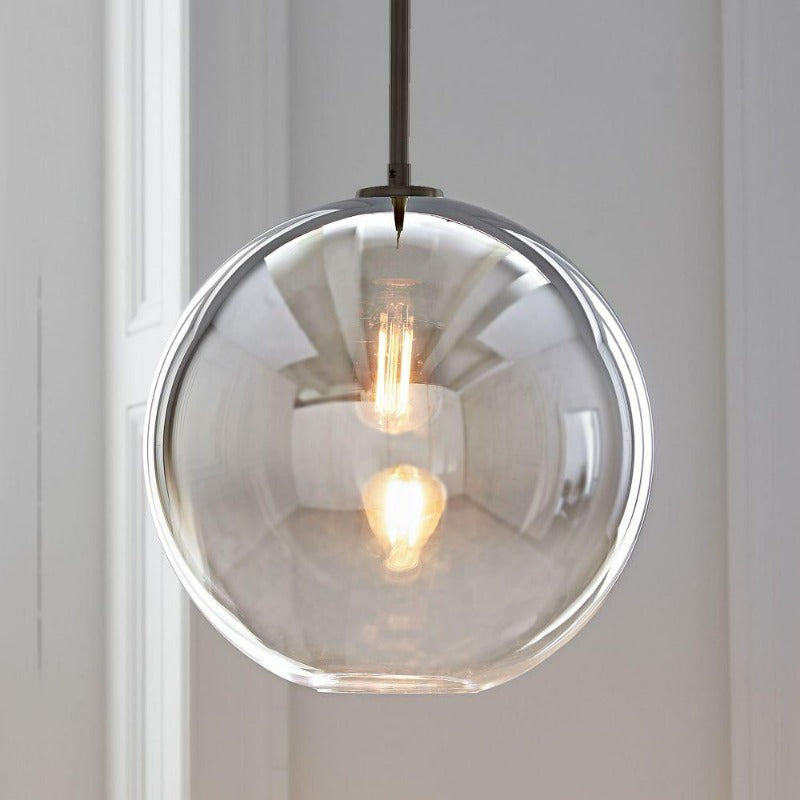 Glass Globe Pendant Light | Single Bulb Hanging Fixture with Brass & Metal Finish | Adjustable Cord Height | 8-12 Inch Diameter | E26
