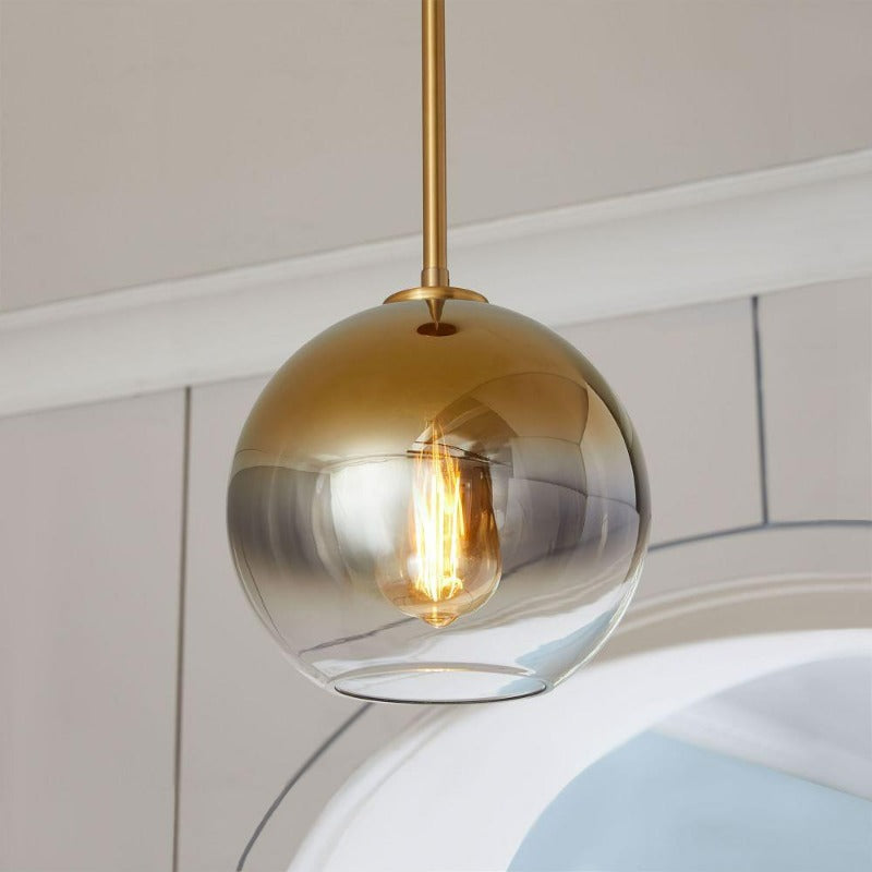 Glass Globe Pendant Light | Single Bulb Hanging Fixture with Brass & Metal Finish | Adjustable Cord Height | 8-12 Inch Diameter | E26