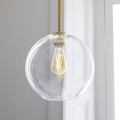 Glass Globe Pendant Light | Single Bulb Hanging Fixture with Brass & Metal Finish | Adjustable Cord Height | 8-12 Inch Diameter | E26