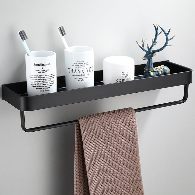 Floating Aluminum Storage Rack for Bathroom & Kitchen Organization | Space-Saving Wall Shelf with Towel Bar | Black Metal Organizer for Smal