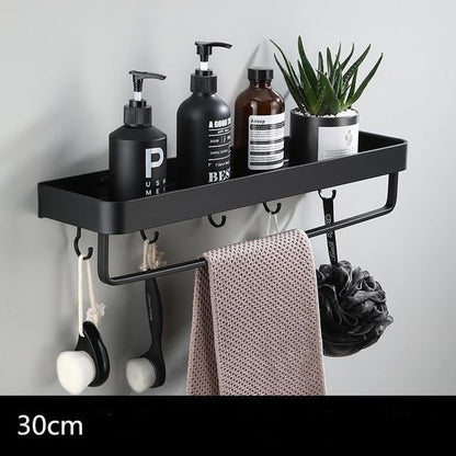 Floating Aluminum Storage Rack for Bathroom & Kitchen Organization | Space-Saving Wall Shelf with Towel Bar | Black Metal Organizer for Smal