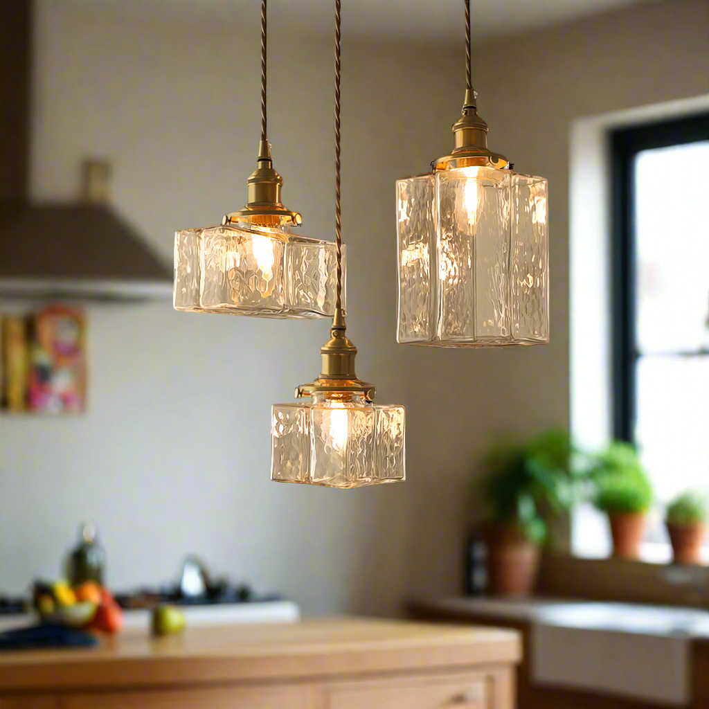 Ribbed Glass Globe Hanging Light Fixture with Brass Accents for Dining Areas and Entryways