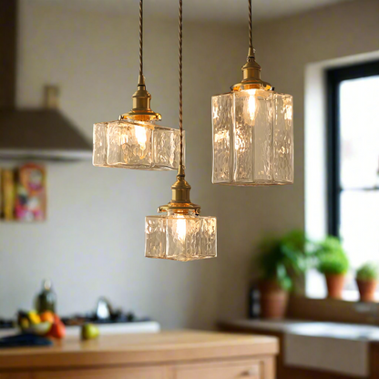 Hanging Fixture with Clear Textured Glass Globe & Brass Socket – 10 in Shade for Dining Table or Kitchen – Warm Ambient Overhead Lighting