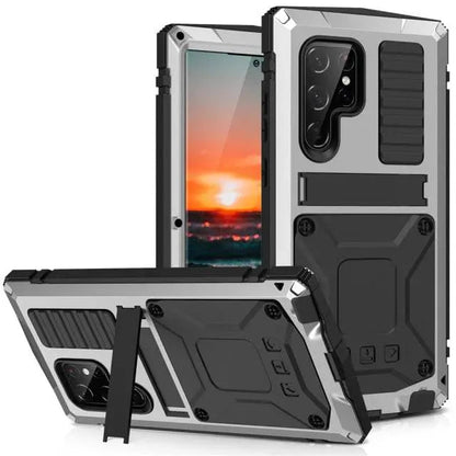 Metal Aluminum Phone Case with Kickstand & Glass Screen Protector for Galaxy S22 Series – Shockproof Full-Body Armor Shell