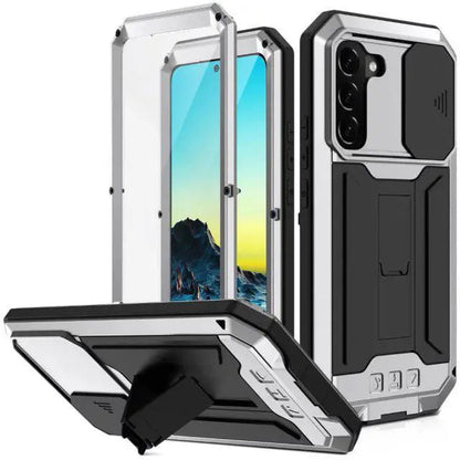 Heavy-Duty Aluminum Shell Phone Case with Built-In Kickstand & Screen Guard for Samsung Galaxy S22, S22 Plus & S22 Ultra
