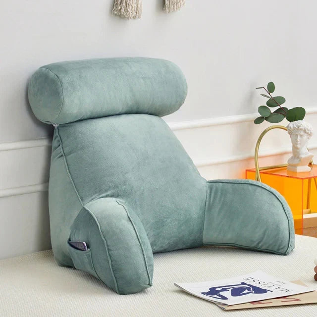 Backrest Cushion with Armrests for Lounging in Bed – Lumbar Support Pillow for TV & Books – Machine Washable Cover, Side Pocket