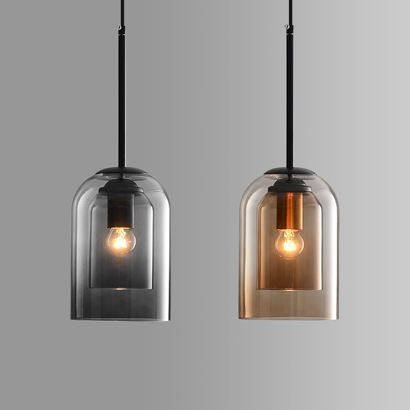 Double-Layer Glass Pendant Light for Kitchen Island & Dining Room – Matte Black Iron with Adjustable 79-Inch Cord, E27 Socket – Modern Indus