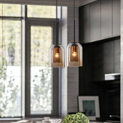 Double-Layer Glass Pendant Light for Kitchen Island & Dining Room – Matte Black Iron with Adjustable 79-Inch Cord, E27 Socket – Modern Indus