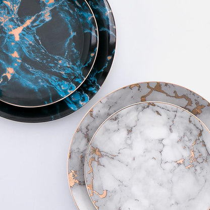 Porcelain Appetizer Plates with Faux Marble Pattern & Metallic Accent – 8 in & 10 in Serving Dishes for Salad, Dessert & Entrees