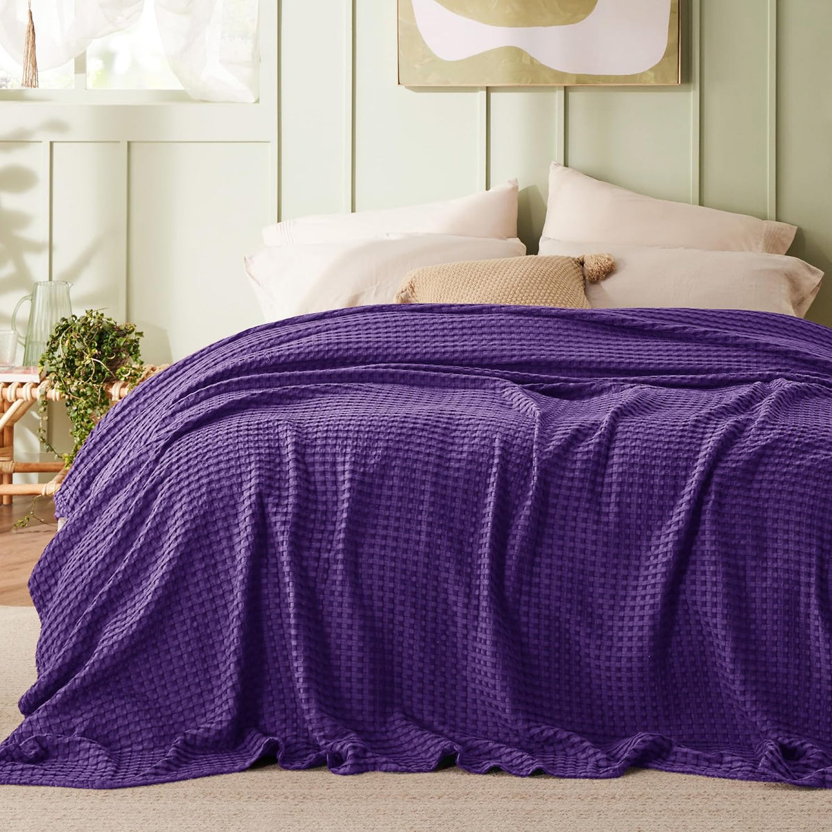 Cozy Haven | Cooling Waffle Queen Blanket with Lightweight Cotton & Bamboo | Soft Summer Throw for Hot Sleepers
