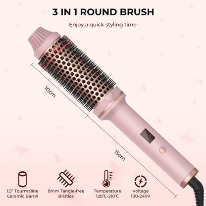 3-in-1 Heated Styling Brush with Ionic Technology for Smooth, Frizz-Free Hair – Fast Heat, 9 Temperature Levels – Multi-Function Curling &
