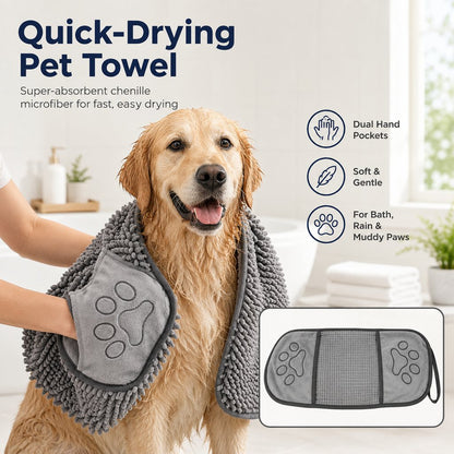 Ortekor Quick-Drying Pet Towel for Bath Time & Rainy Walks - Soft Chenille Mitt for Wet Fur & Muddy Paws