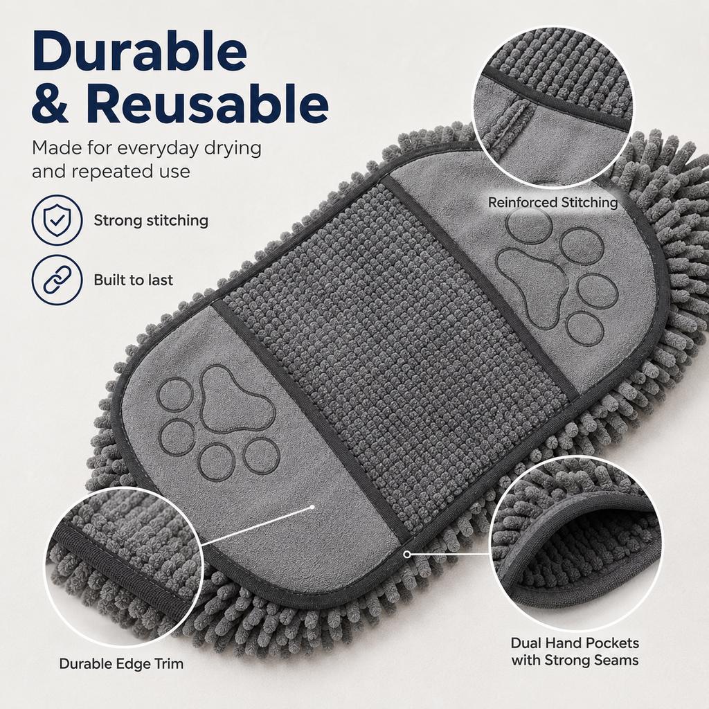 Ortekor Quick-Drying Pet Towel for Bath Time & Rainy Walks - Soft Chenille Mitt for Wet Fur & Muddy Paws