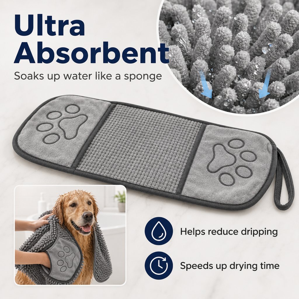 Ortekor Quick-Drying Pet Towel for Bath Time & Rainy Walks - Soft Chenille Mitt for Wet Fur & Muddy Paws