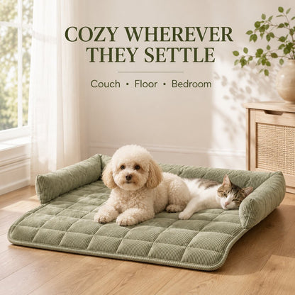 Ortekor Quilted Pet Couch Bed & Sofa Protector for Dogs & Cats – 3-Sided Bolster Corduroy Lounger with Non-Slip Backing for Couch, Floor & Bedroom – Helps Reduce Fur & Everyday Sofa Mess