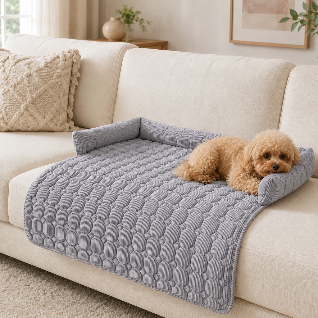 Ortekor Quilted Pet Couch Bed & Sofa Protector for Dogs & Cats – 3-Sided Bolster Corduroy Lounger with Non-Slip Backing for Couch, Floor & Bedroom – Helps Reduce Fur & Everyday Sofa Mess