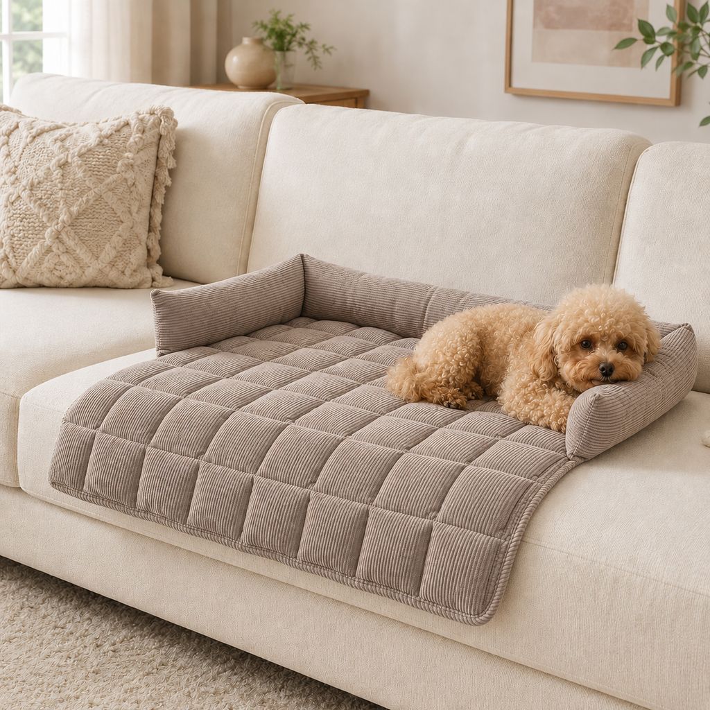 Ortekor Quilted Pet Couch Bed & Sofa Protector for Dogs & Cats – 3-Sided Bolster Corduroy Lounger with Non-Slip Backing for Couch, Floor & Bedroom – Helps Reduce Fur & Everyday Sofa Mess