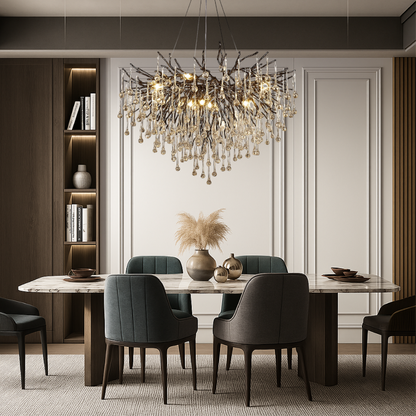 Crystal Raindrop Chandelier Black Aluminum Ring Warm LED High Ceiling Entryway Dining Room Modern Cascade Lighting Fixture