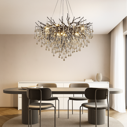 Crystal Raindrop Chandelier Black Aluminum Ring Warm LED High Ceiling Entryway Dining Room Modern Cascade Lighting Fixture
