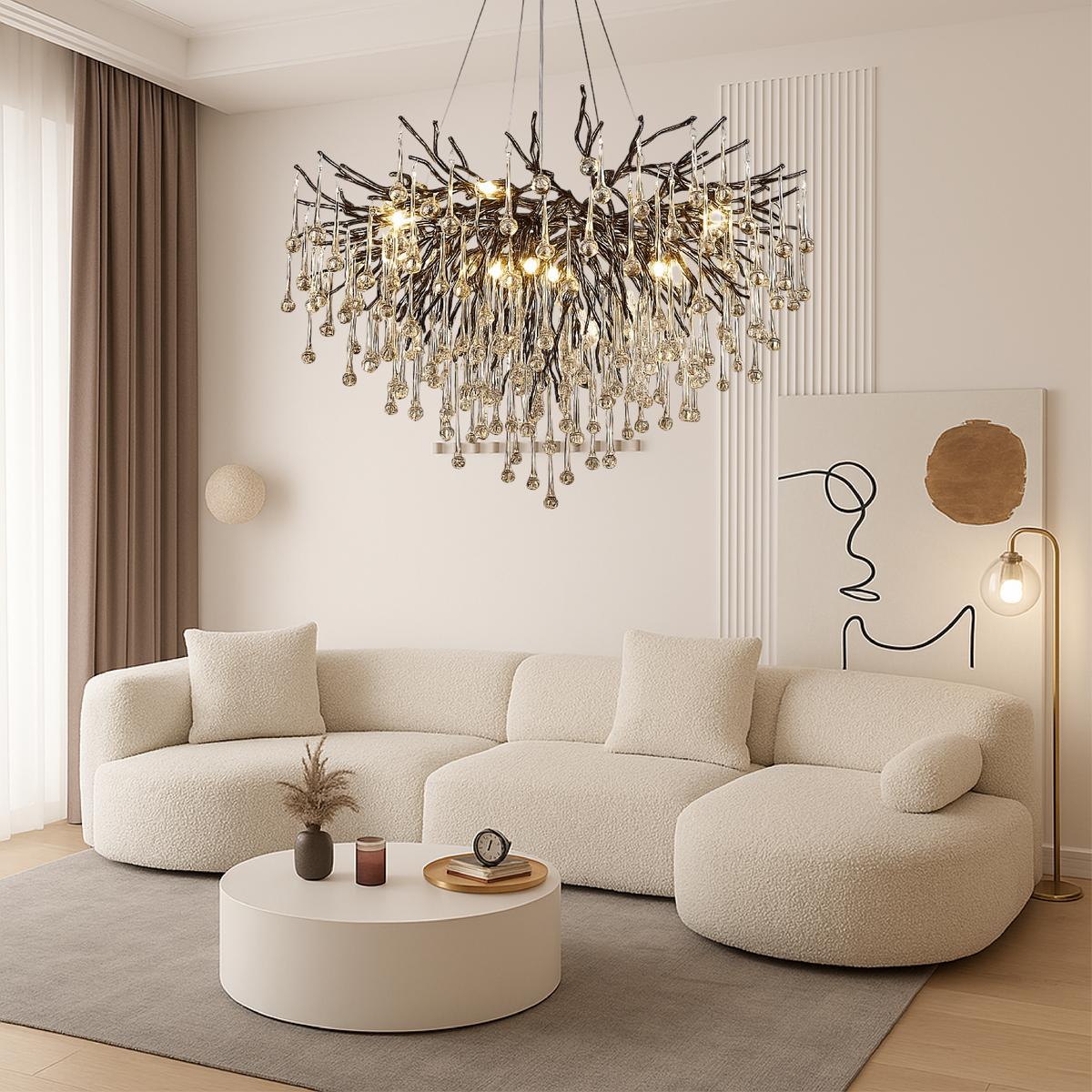 Crystal Raindrop Chandelier Black Aluminum Ring Warm LED High Ceiling Entryway Dining Room Modern Cascade Lighting Fixture
