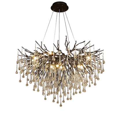 Crystal Raindrop Chandelier Black Aluminum Ring Warm LED High Ceiling Entryway Dining Room Modern Cascade Lighting Fixture