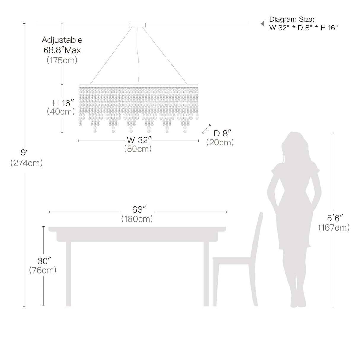 Rectangular Crystal Chandelier Ceiling Light Fixture Stainless Steel Frame E12 Candelabra Base for Dining Room Kitchen Island Modern