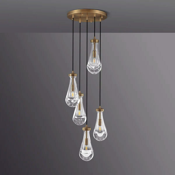 5-Light Glass Drop Chandelier, 14 Inch Round Ceiling Fixture with Cascading Crystal Pendants for Dining Room & Entryway