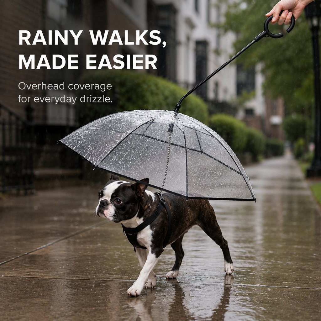 Ortekor Clear Dog Umbrella with Built-In Leash for Rainy Walks & Potty Breaks - Helps Reduce Wet-Coat Cleanup for Small Dogs