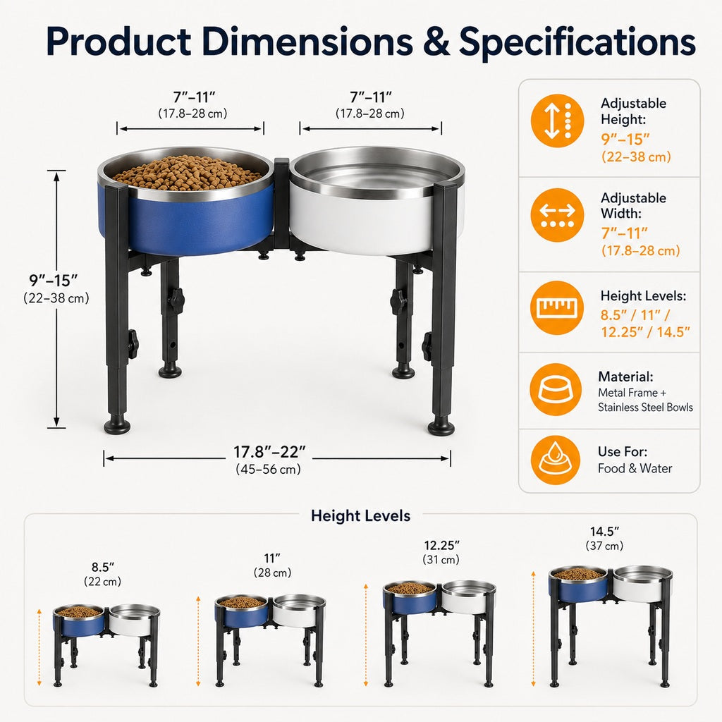 Ortekor Adjustable Raised Dog Bowl Stand for Home Feeding - No-Bend Metal Pet Bowl Holder for Cleaner, More Comfortable Meals