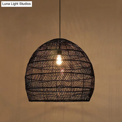 Woven Natural Fiber Dome Hanging Light Fixture – Bohemian Handcrafted Ceiling Lamp for Dining Room, Kitchen Island, Bedroom – Adjustable