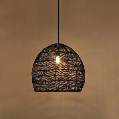 Woven Natural Fiber Dome Hanging Light Fixture – Bohemian Handcrafted Ceiling Lamp for Dining Room, Kitchen Island, Bedroom – Adjustable