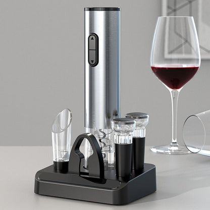 Automatic Wine Bottle Opener Cordless Rechargeable Set with Vacuum Pump & Pouring Spout for Parties Kitchens Dining Tables Silver Stainless