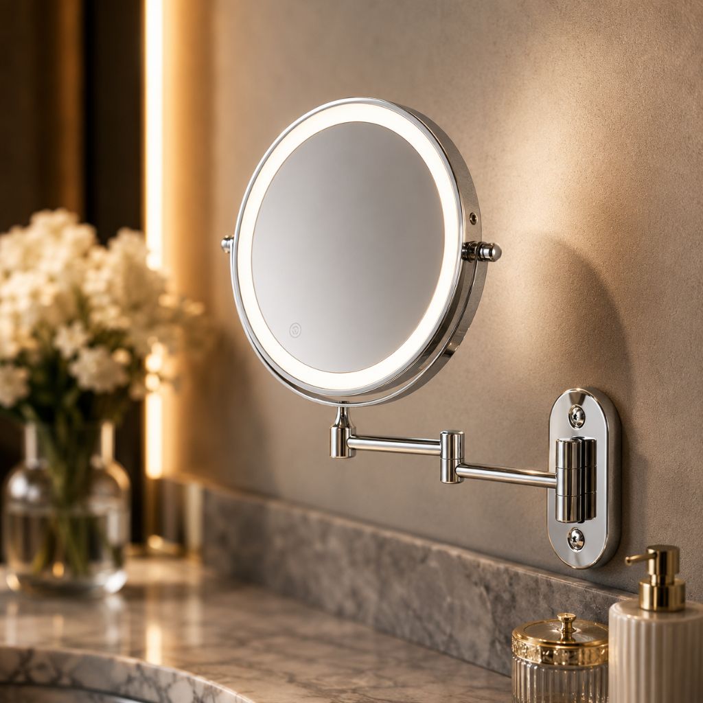 Wall-Mount Vanity Mirror with LED Ring Light & Swivel Magnifier – Rechargeable Touch Control for Makeup Application