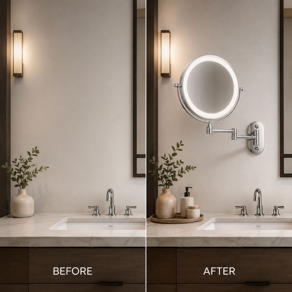 Wall-Mount Vanity Mirror with LED Ring Light & Swivel Magnifier – Rechargeable Touch Control for Makeup Application