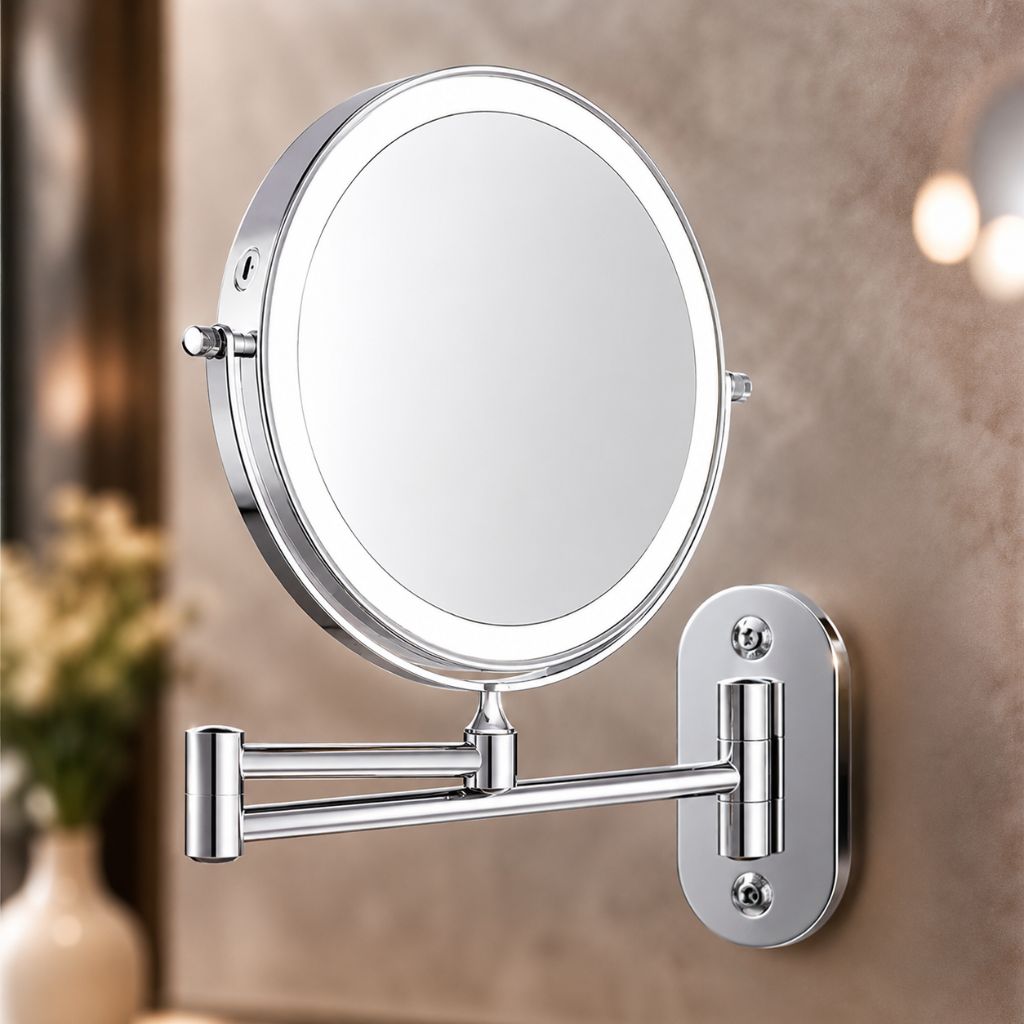 Wall-Mount Vanity Mirror with LED Ring Light & Swivel Magnifier – Rechargeable Touch Control for Makeup Application