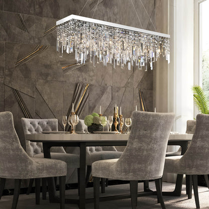 Linear Crystal Pendant Light Fixture Modern Dining Room Chandelier Stainless Steel Frame E12 Candelabra Base Adjustable Hanging Height for