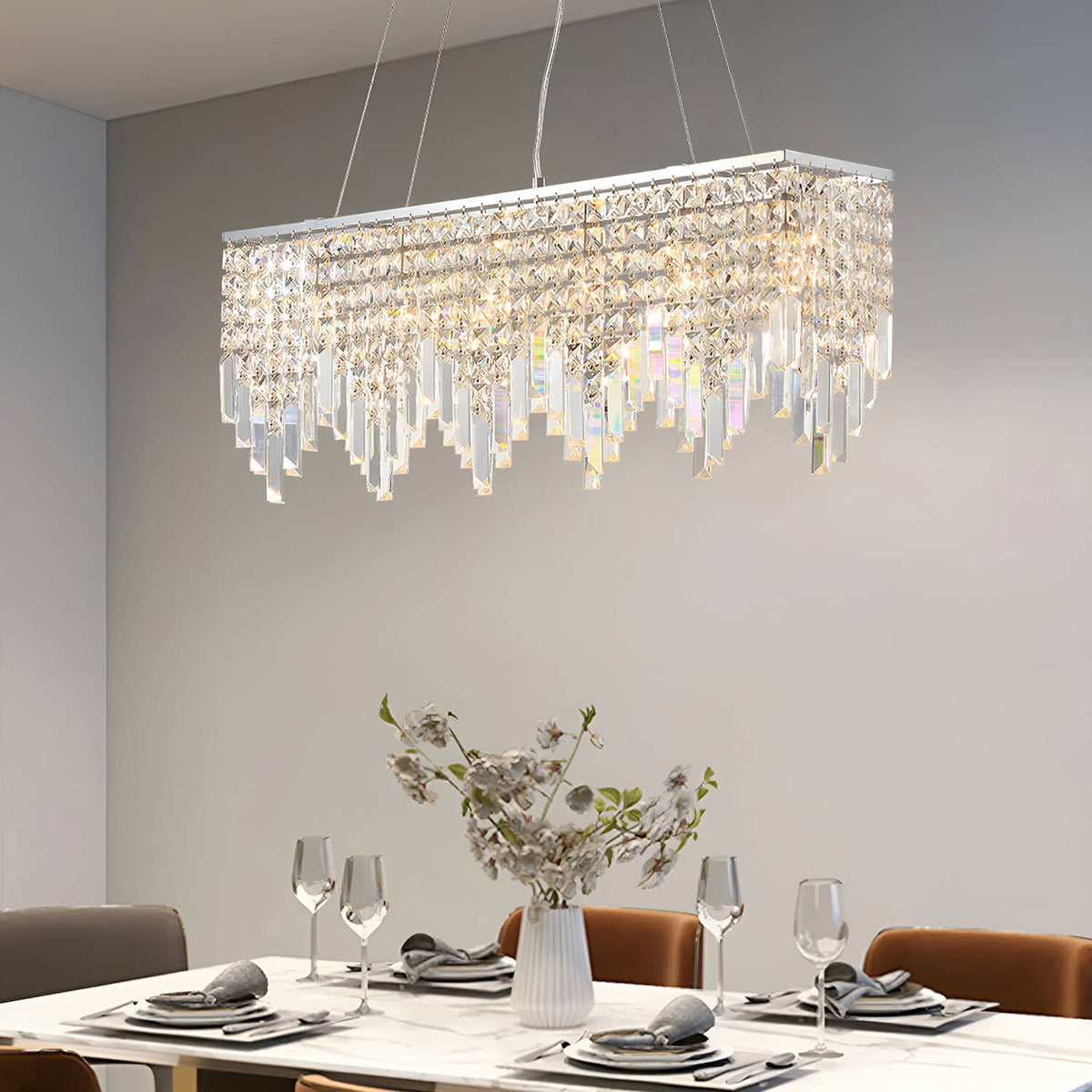 Linear Crystal Pendant Light Fixture Modern Dining Room Chandelier Stainless Steel Frame E12 Candelabra Base Adjustable Hanging Height for