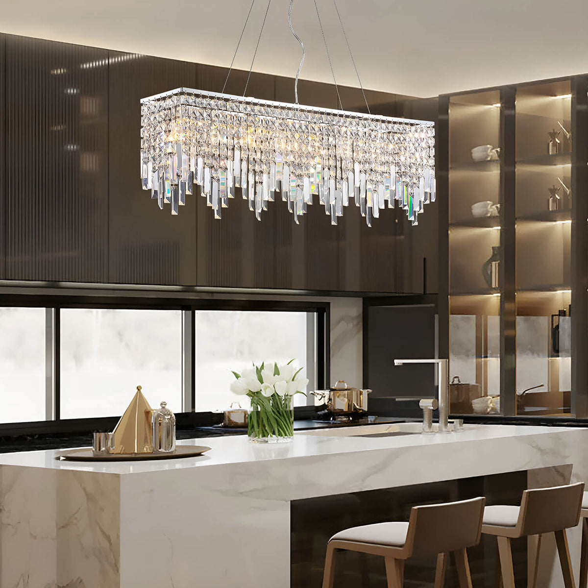Linear Crystal Pendant Light Fixture Modern Dining Room Chandelier Stainless Steel Frame E12 Candelabra Base Adjustable Hanging Height for