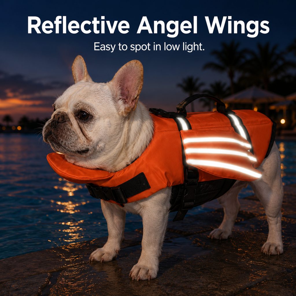 Ortekor French Bulldog Pool & Beach Reflective Angel-Wing Dog Life Jacket - Chin Float Support for Flat-Faced Dogs