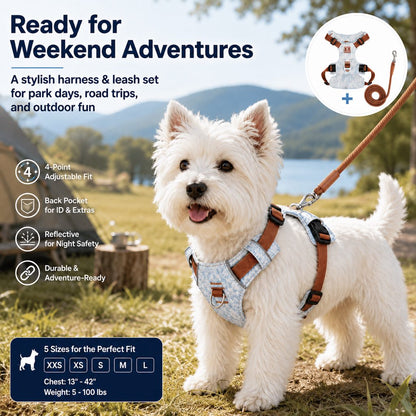 Ortekor Vintage Denim No-Pull Dog Harness &5 ft Rope Leash Set - Soft Adjustable Vest for Everyday Walks, Better Control & Low-Light Visibility