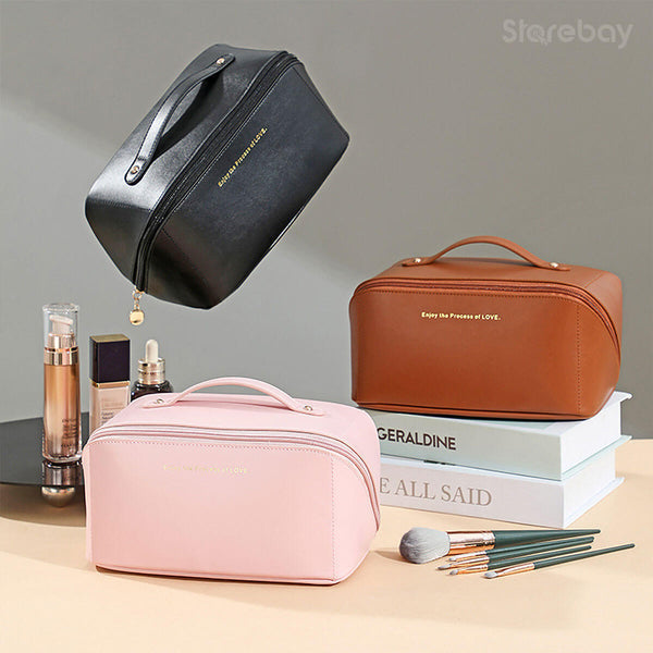 Mira Travel Makeup Bag - PU Leather, Double Layer Organizer