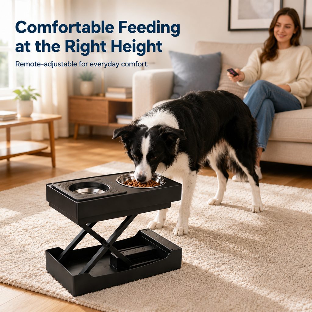 Ortekor Remote-Control Adjustable Dog Feeding Station for Home Meals - Helps Reduce Neck Bending, Slow Fast Eating & Keep Floors Cleaner