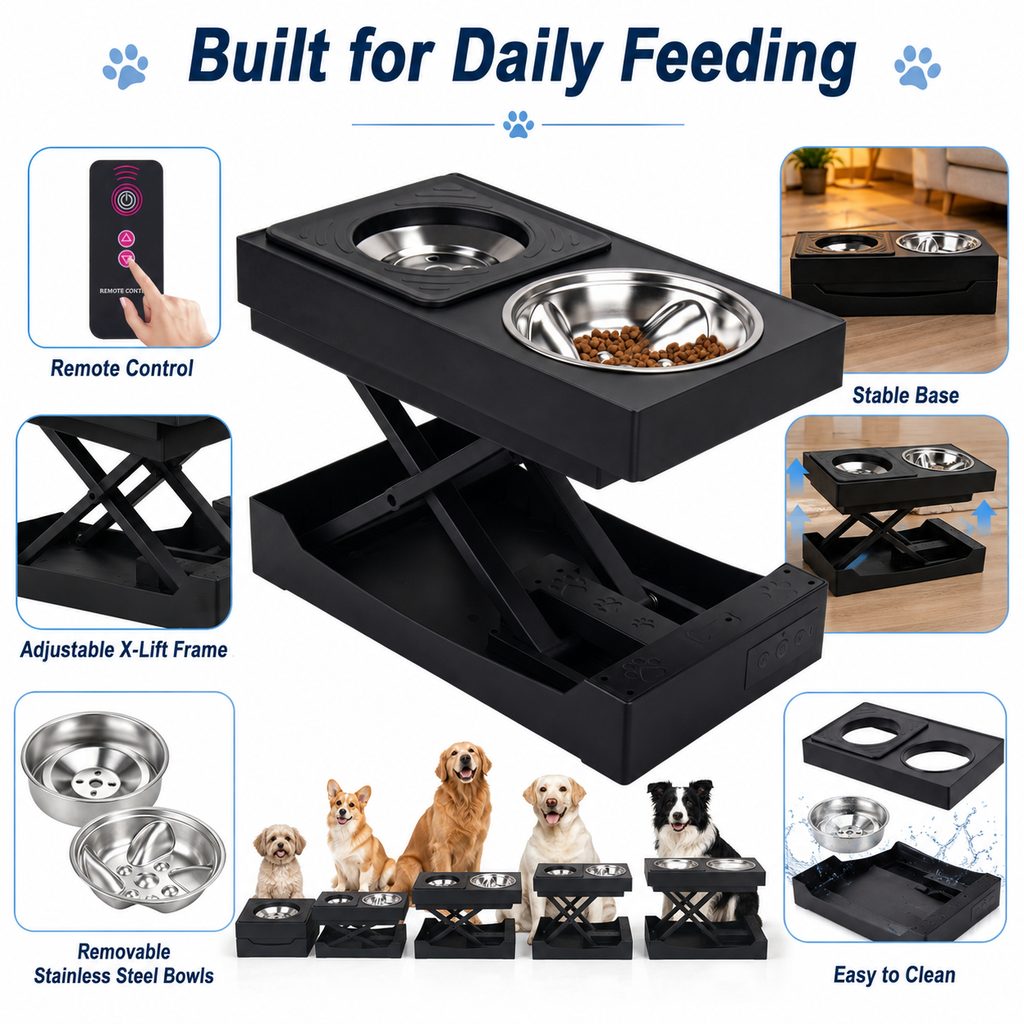 Ortekor Remote-Control Adjustable Dog Feeding Station for Home Meals - Helps Reduce Neck Bending, Slow Fast Eating & Keep Floors Cleaner