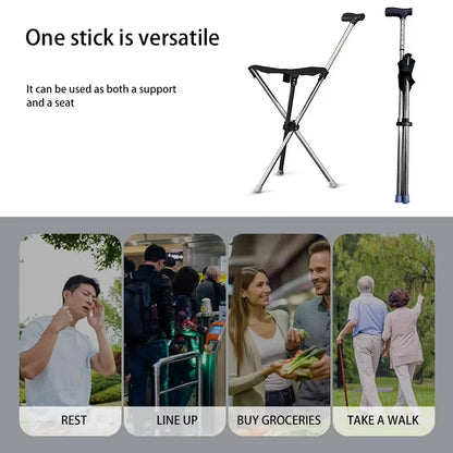 Folding Walking Cane with Built-In Seat – Adjustable Height Mobility Aid & Portable Stool for Seniors, Travel & Outdoor Use
