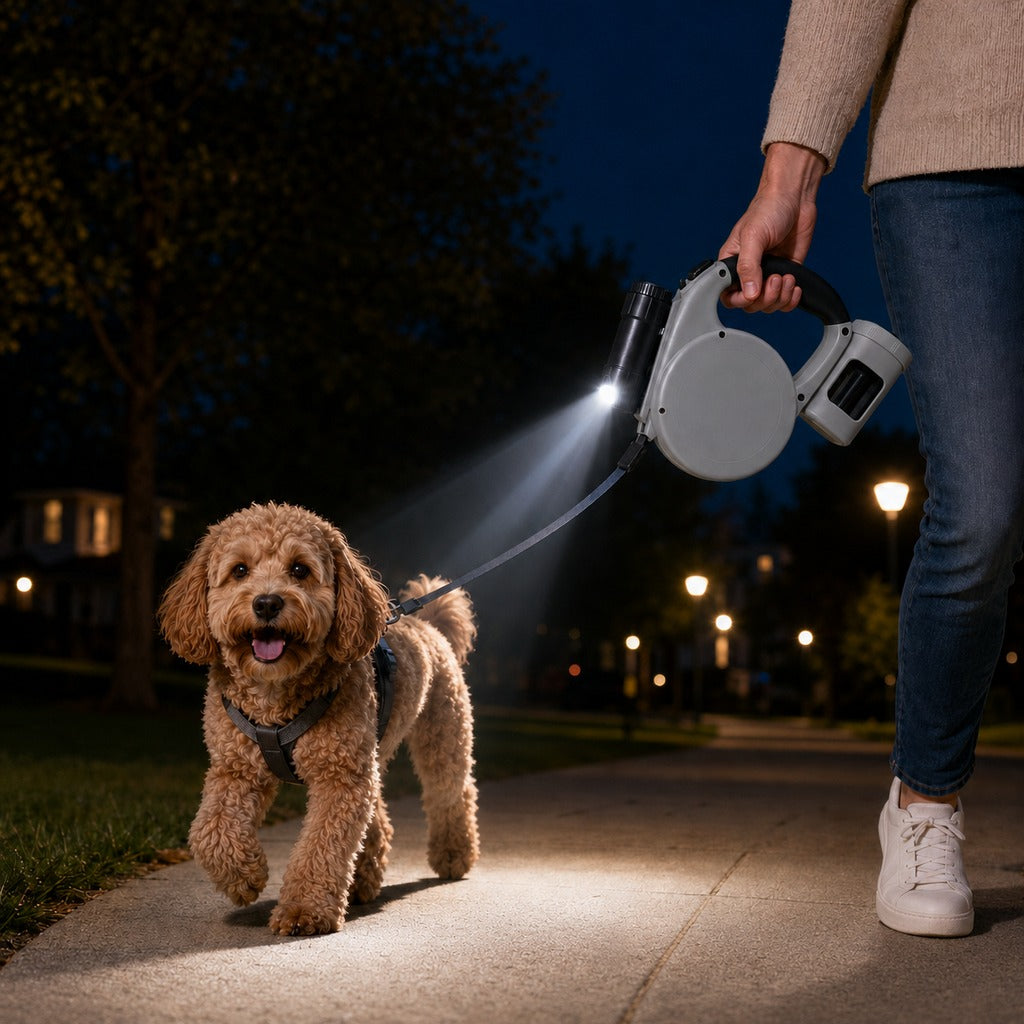 Ortekor 3-in-1 Retractable Dog Leash for Night Walks - Built-In Flashlight & Poop Bag Holder for Easier, Cleaner Walks