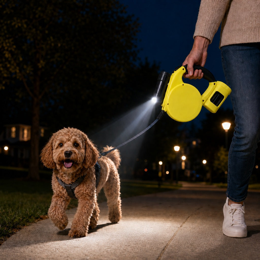 Ortekor 3-in-1 Retractable Dog Leash for Night Walks - Built-In Flashlight & Poop Bag Holder for Easier, Cleaner Walks
