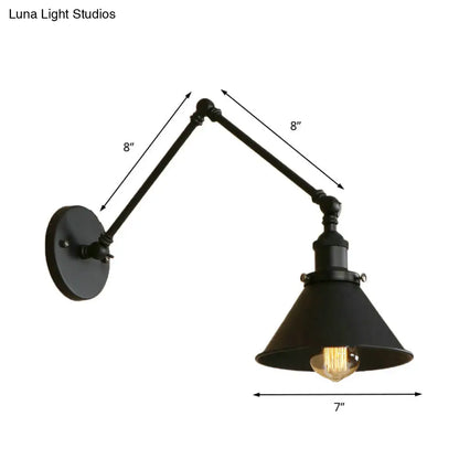 Adjustable Swing Arm Wall Sconce – Black Metal Cone Shade Light for Bedroom, Living Room & Hallway – Industrial Reading Lamp
